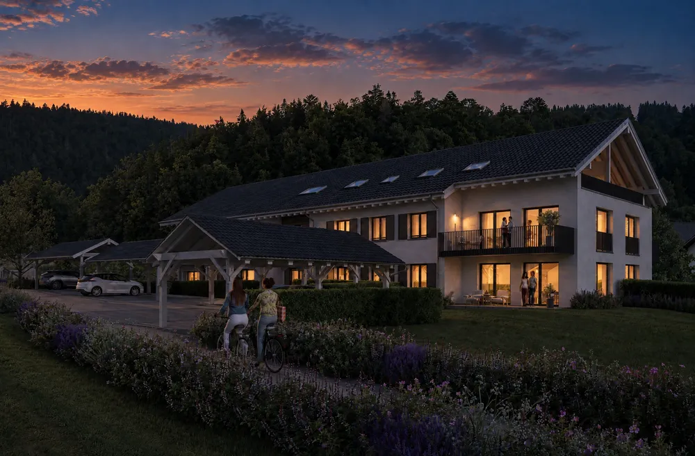 L’entrée de la résidence le soir