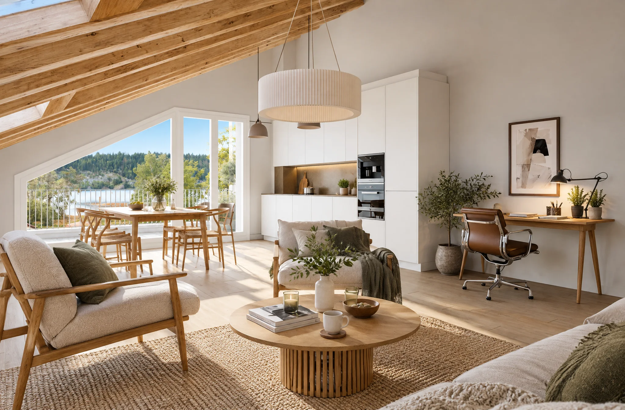Séjour sous la charpente apparente, mobilier bois et lin