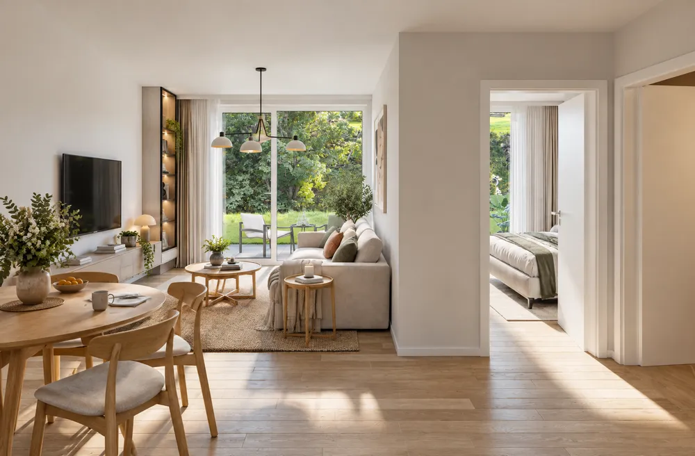 Séjour avec coin repas, vue sur la chambre